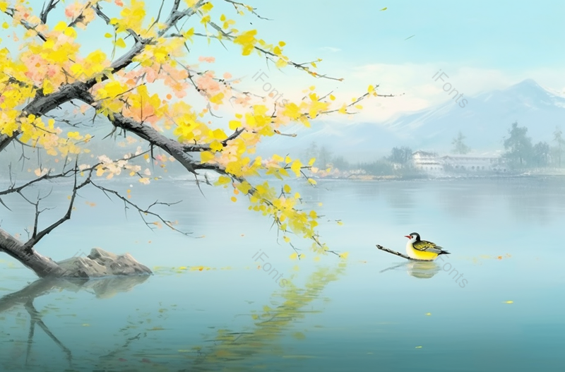 立春水面石块树木黄色树叶树枝上停歇的黄白色小鸟水彩画,插画/手绘图,插画/手绘图库,插画/手绘图下载,插画/手绘